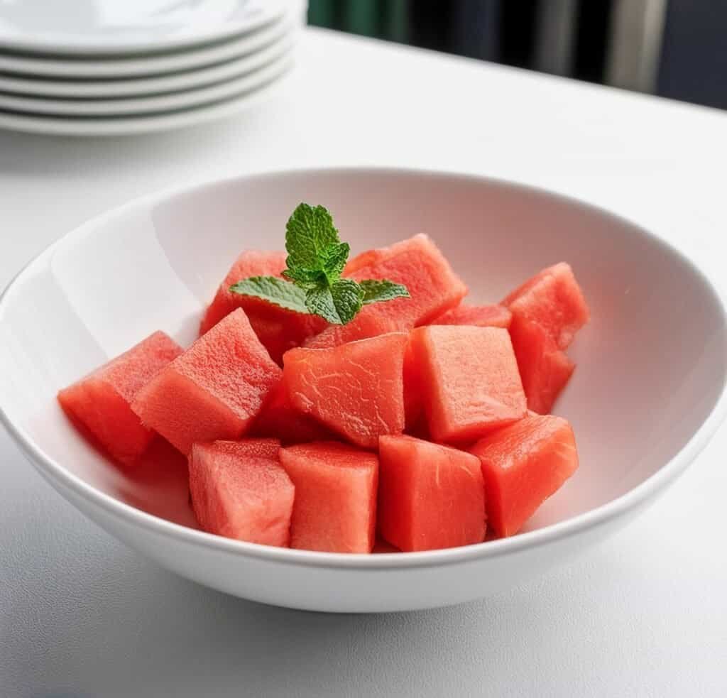 Bowl de Sandia, grey white table, listo pa come, mesa blanca