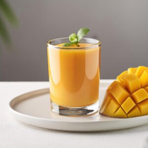 Jugo de Mango, Listo Pa Comer, Fondo Gris, Mesa Blanca, Vaso de Jugo, Vaso de Mango, Vaso de Jugo de mango, listo Para Comer